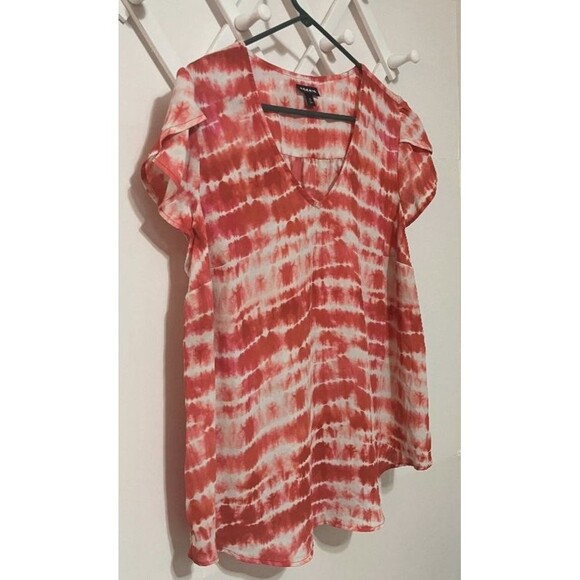 Torrid Women’s Size 0 (Large) Red & White Tie-Dye V-Neck Cap Sleeve Blouse Tunic - Picture 3 of 9